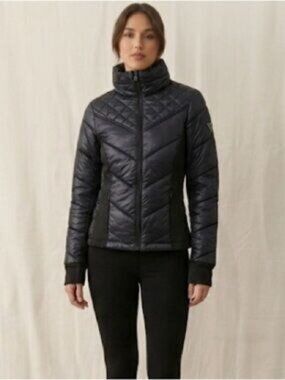Guess Puffer Jacket Quilted Womens Size Large Black Zip Closure High Collar